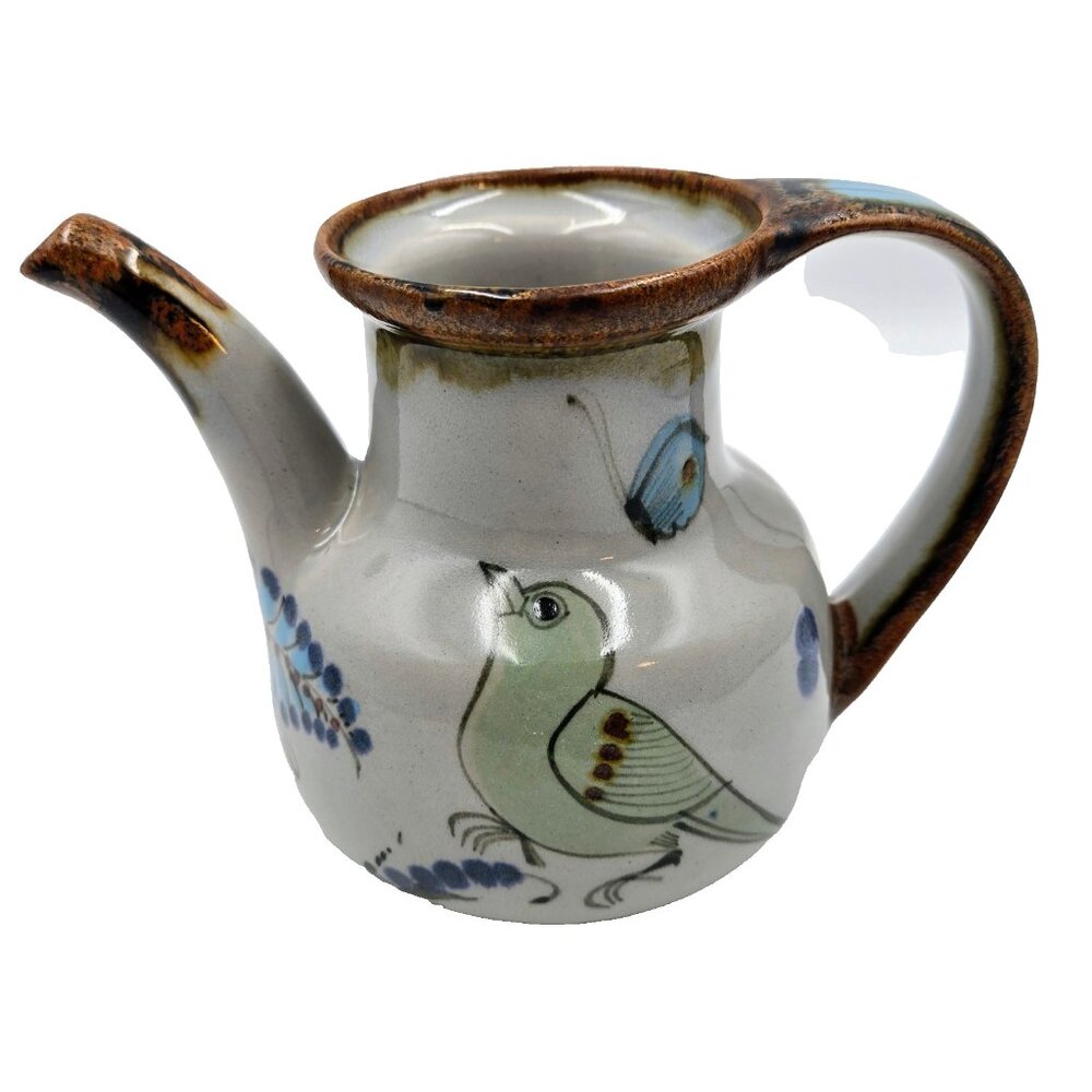 Ken Edwards Tonala Pottery Teapot Green Bird Mexico Folk Art Flower Signed Read